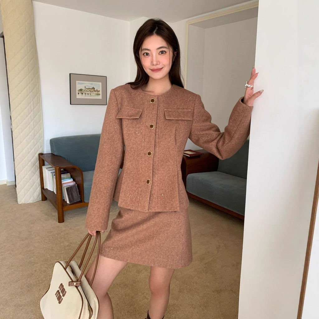 Temperament waist crew neck wool tweed jacket