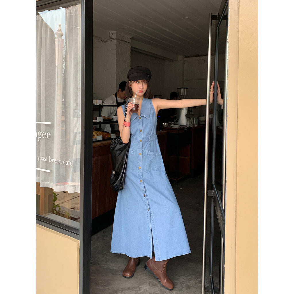Summer French Retro Lapel Sleeveless Dress