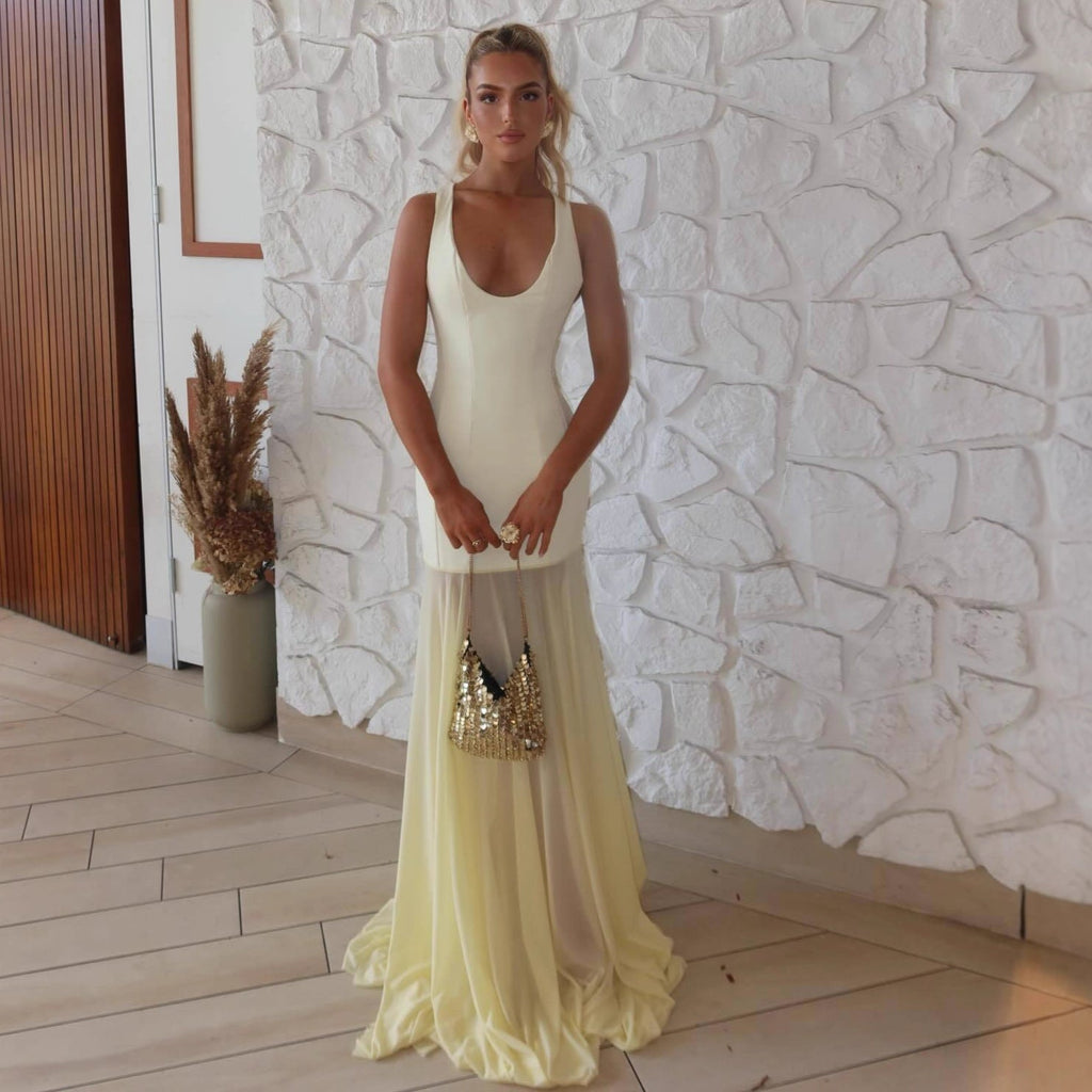 Fashion Sexy Mesh Splicing Long Dress Evening Dress Spice Girl Dress