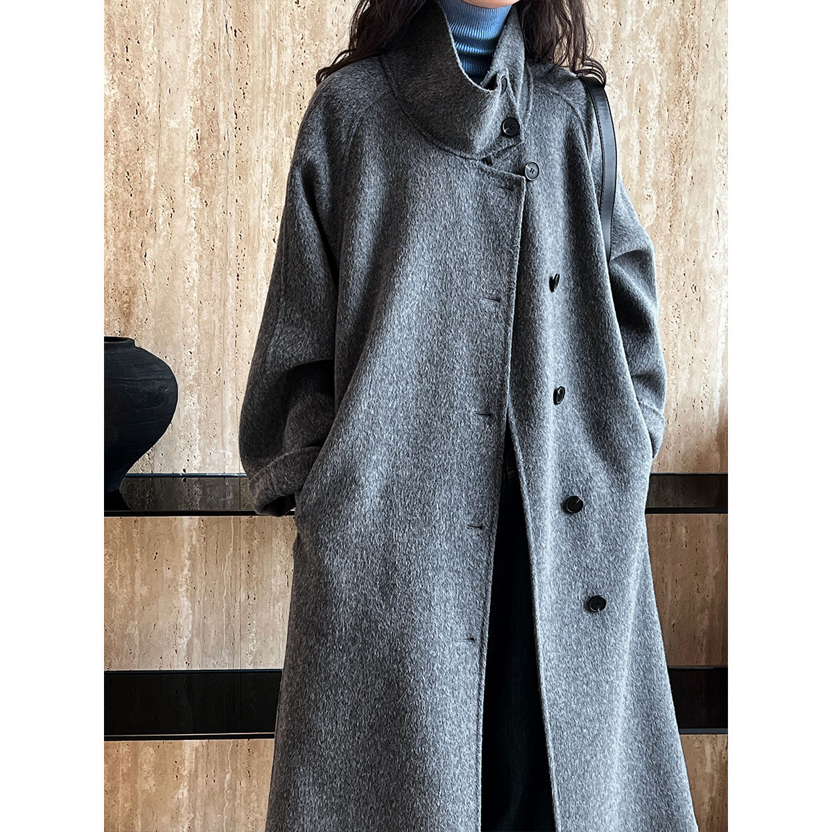 Korean high-end stand-up collar double-sided woolen coat women's medium and long style