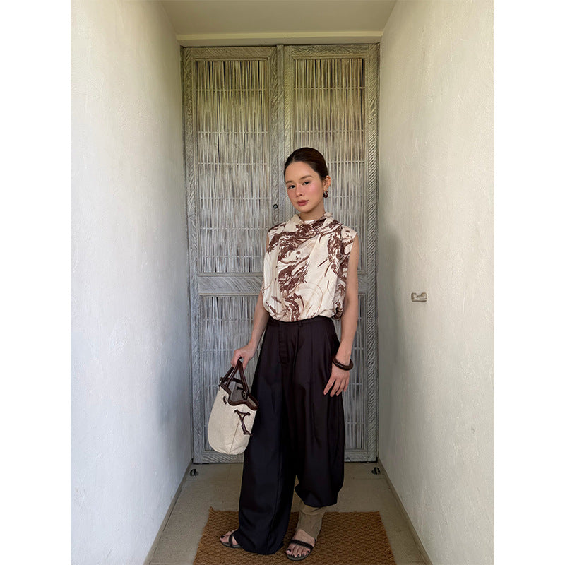 Spring and summer fashion trend French swing neck copper ammonia silk printed sleeveless shirt