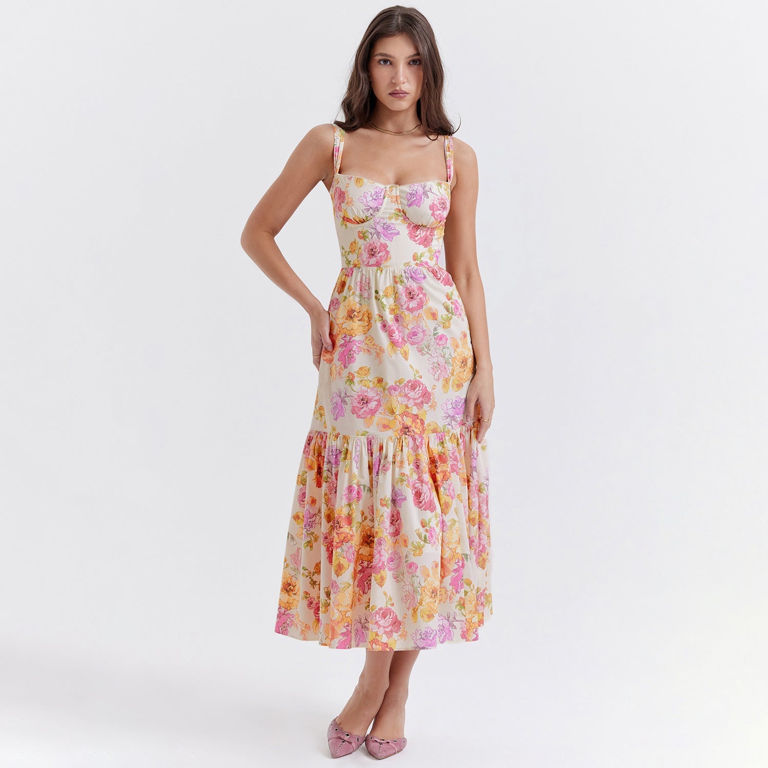 One-word shoulder pleated lace floral dress