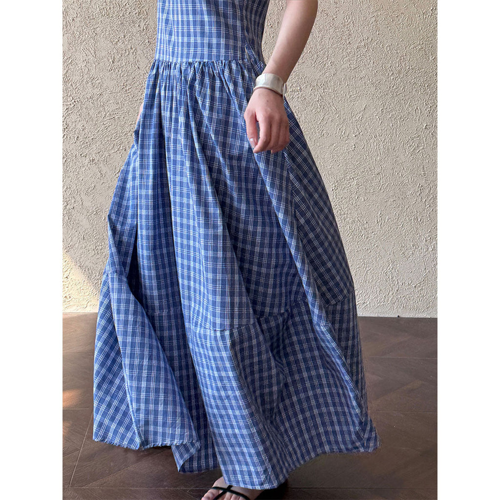 Blue plaid French dress women's spring and summer new V-neck bud vest skirt big swing dress