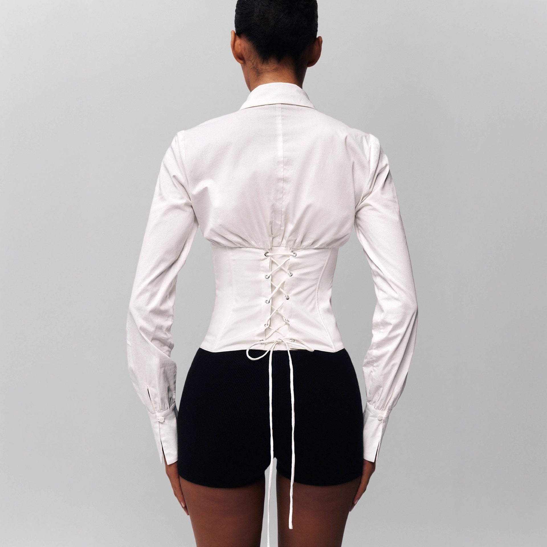 Slim tunic herringbone corset lace-up shirt