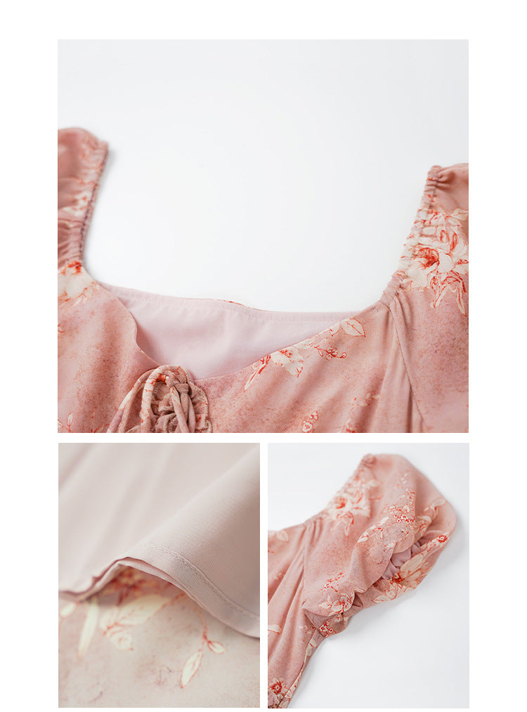 Gentle temperament waist and thin floral dress