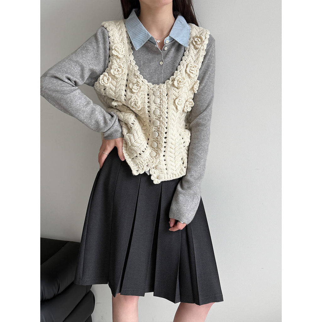 Fake two-piece splicing knitted cardigan women's Spring Festival lazy wind contrasting color shirt collar wide top