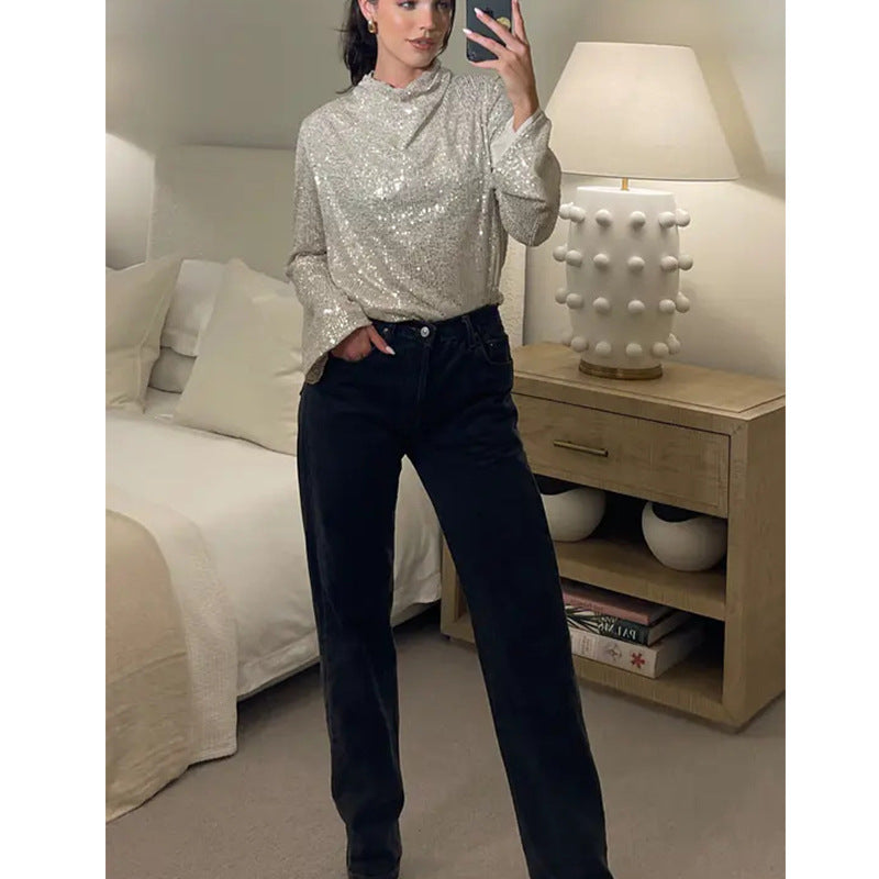 New silver long-sleeved bead long-sleeved shirt fashion round neck sequined shirt top women