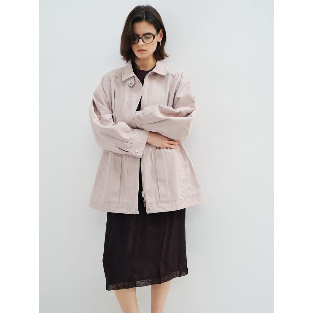 Spring skin-friendly and breathable Tencel cotton stand-up collar over-silho cargo jacket