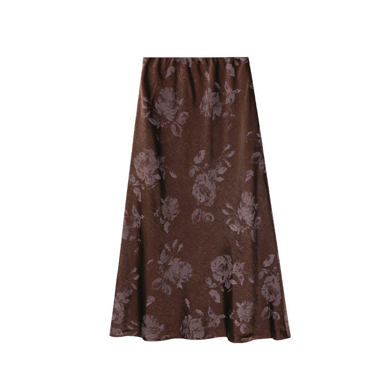 Rich and elegant hip-wrapped temperament printed satin skirt for women
