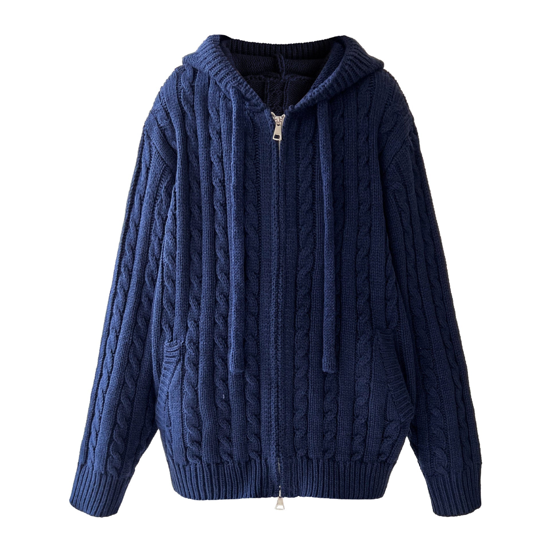 American retro cable knit hooded double zipper sweater cardigan for women - thick chunky knit fall/winter outerwear