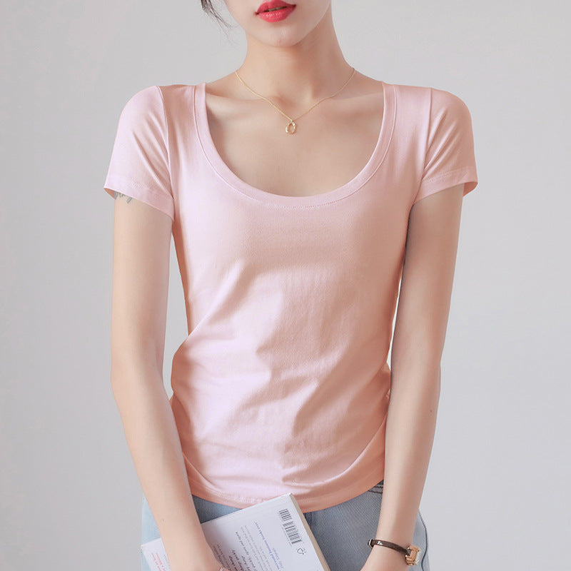 Round Neck Short Sleeve T-Shirt Women Slim Fit Cotton Base Layer Top