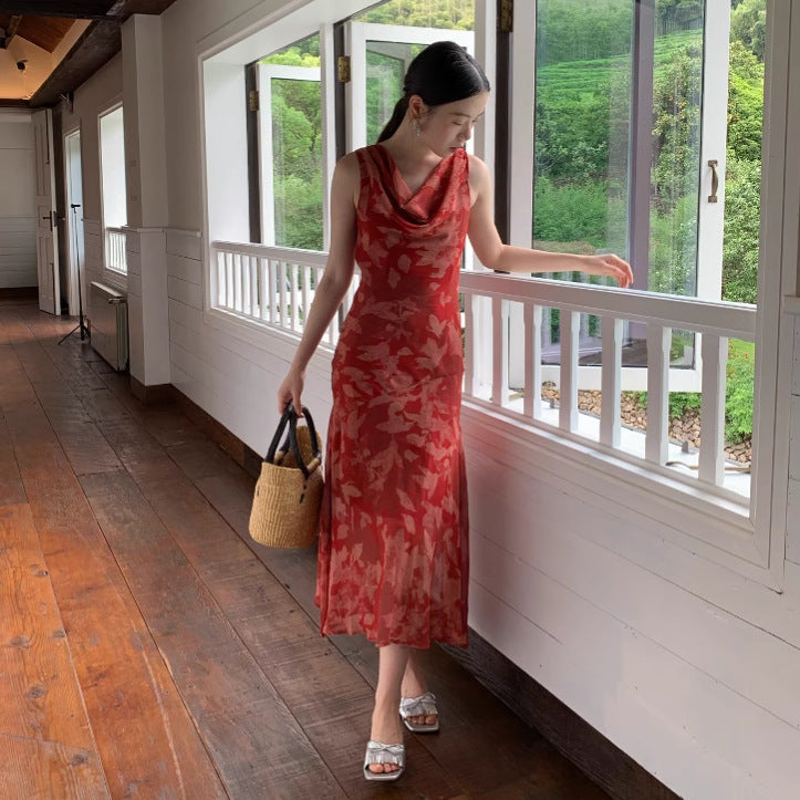 Women's High-Waist Floral Print Swing Collar Sleeveless A-Line Maxi Dress