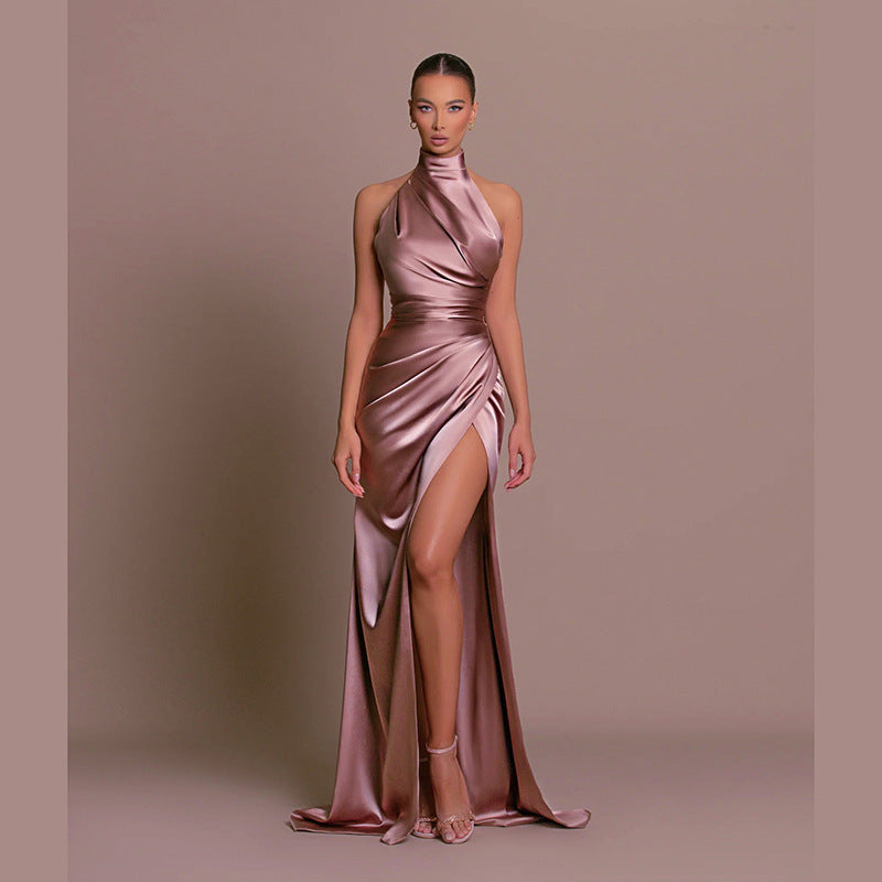 Evening dress dress, temperament split neck sleeveless party pleated dress women