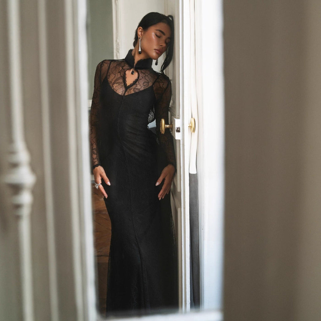 Stylish and sexy lace stitching autumn and winter long dress slim-fitting hollow dress