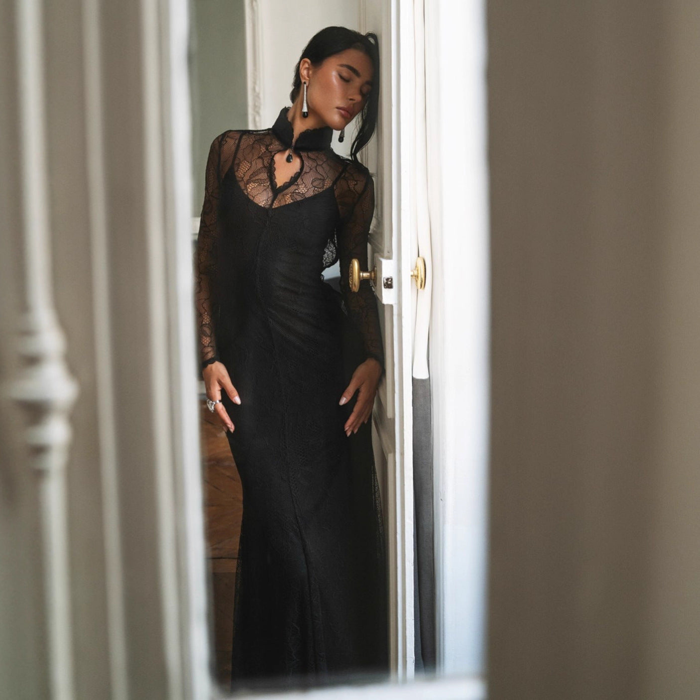 Stylish and sexy lace stitching autumn and winter long dress slim-fitting hollow dress