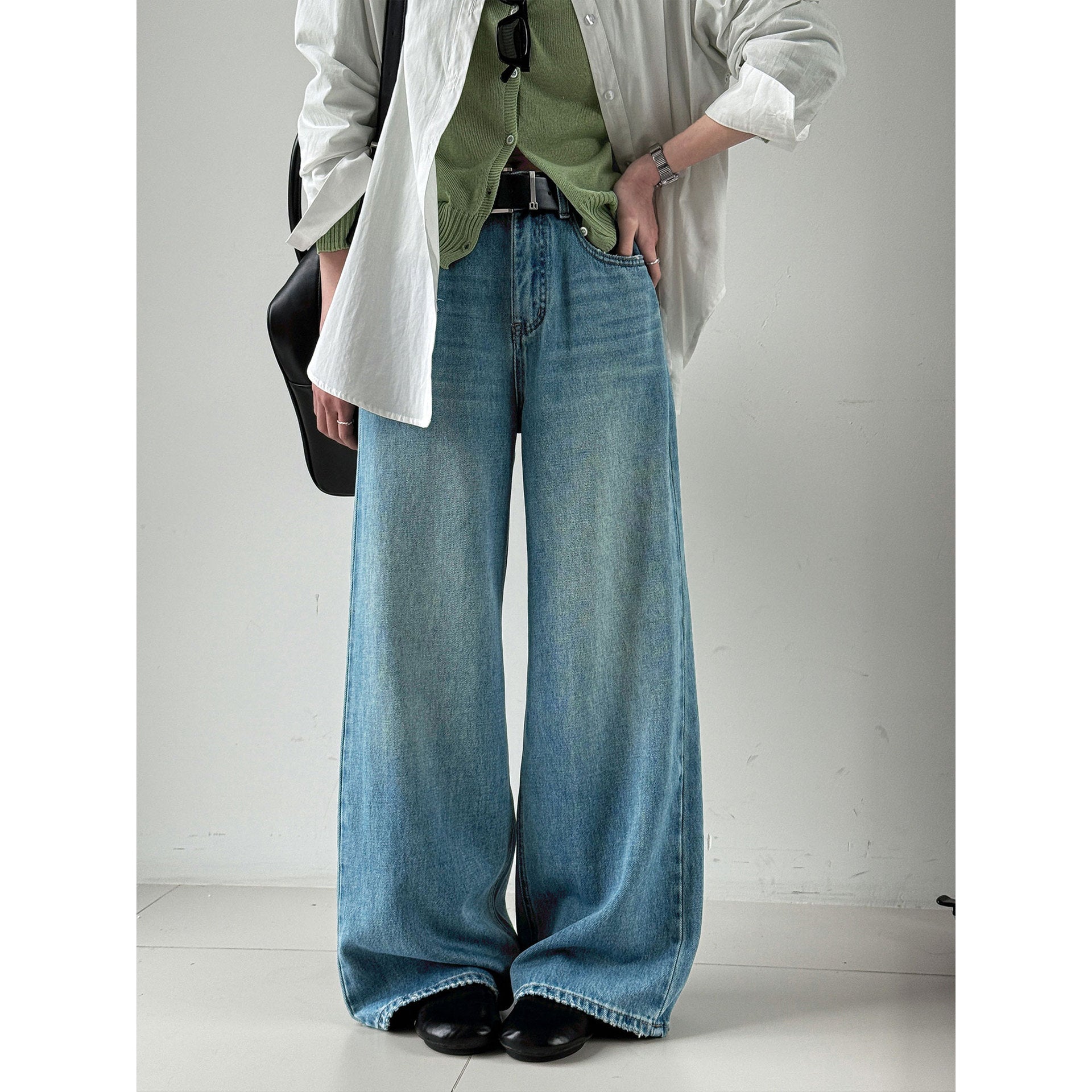 Spring retro light blue wide-leg straight with belt jeans women's design high-waisted trousers