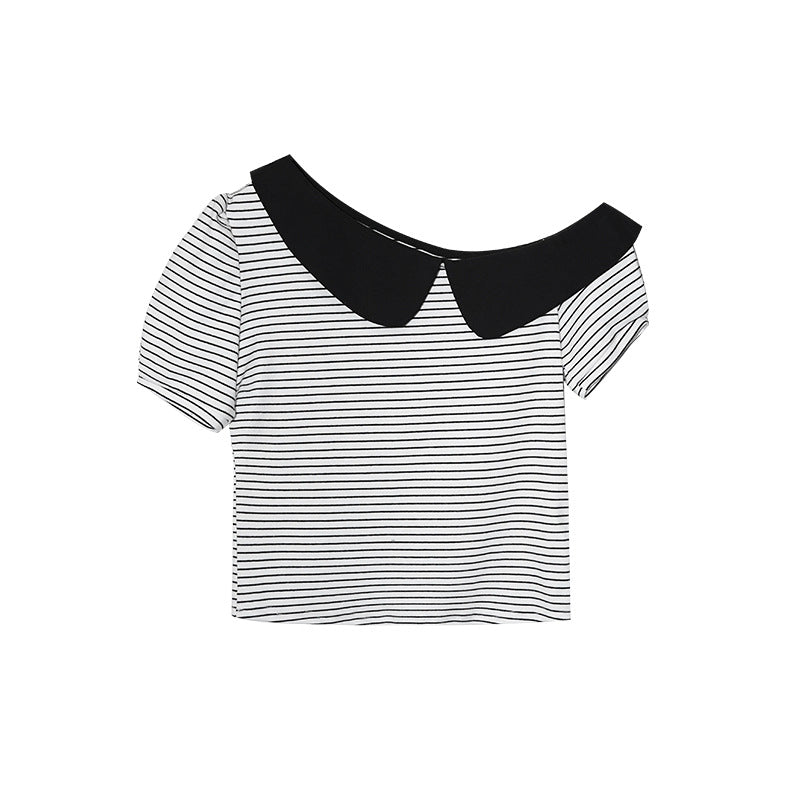 Striped Off-Shoulder Diagonal Neck Tee