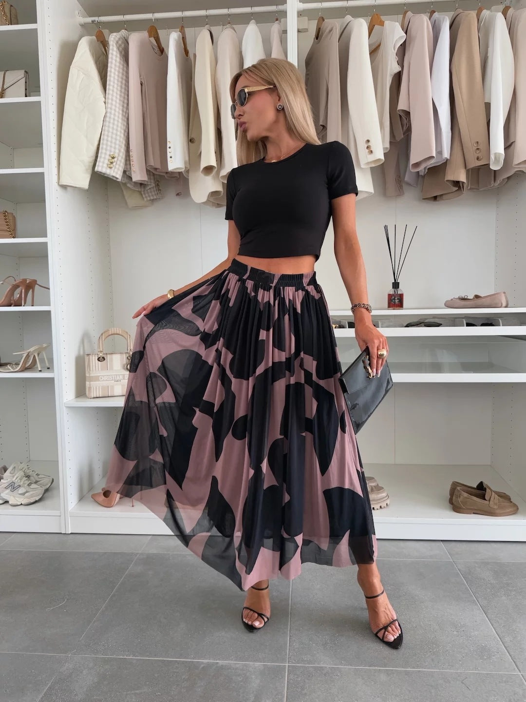 Floral Print Mesh Maxi Skirt