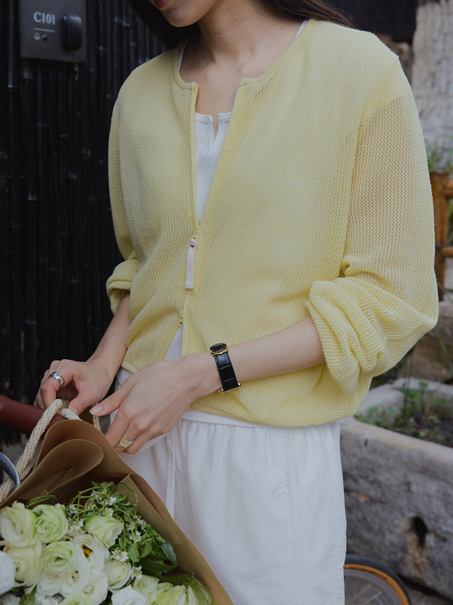 Double-ended zipper gentle white hollow knitted sunscreen shirt long sleeves