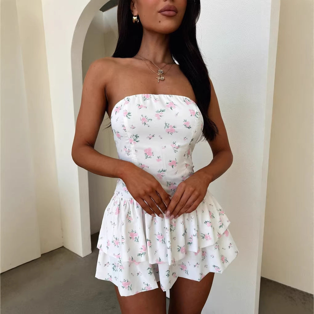 Spice girl sexy print tube top short skirt slim-fit halter holiday floral dress