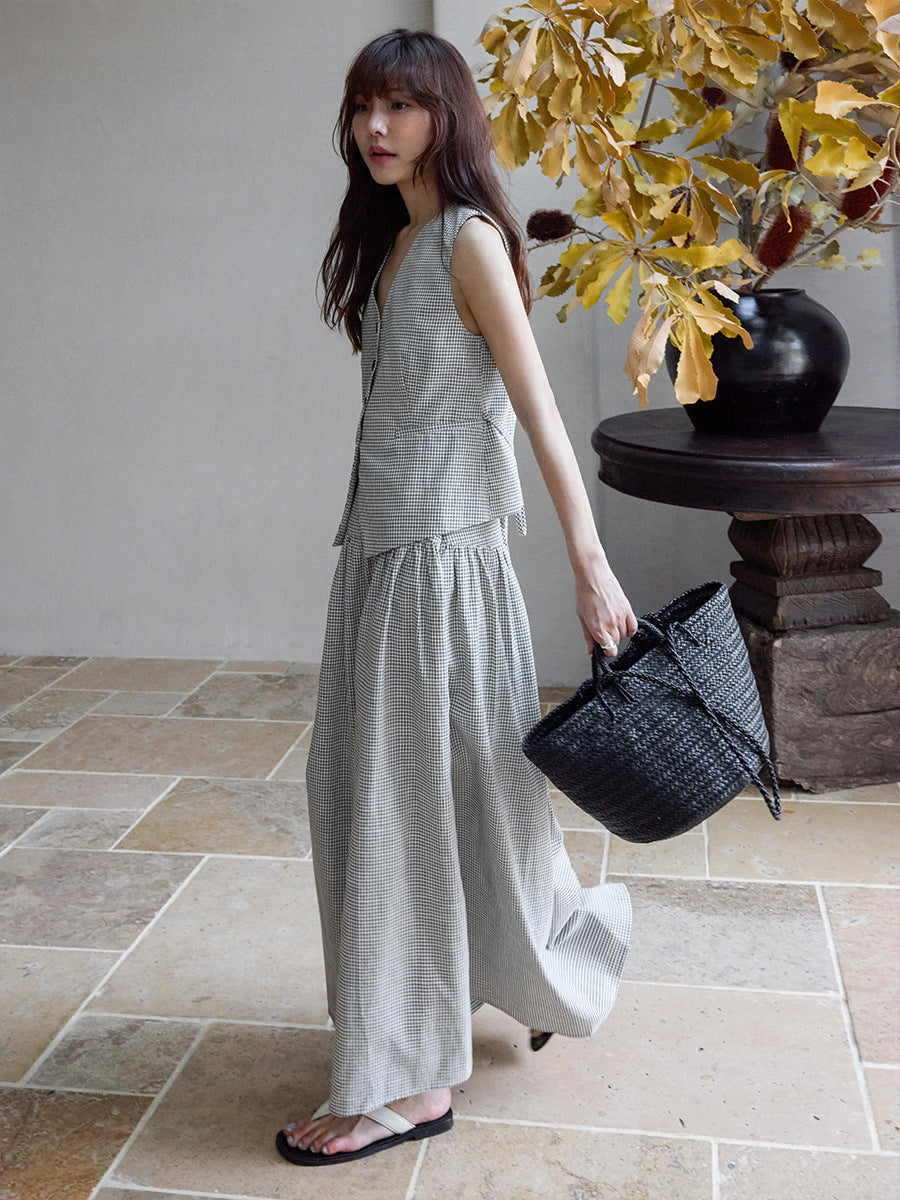 Tencel linen plaid pendulum covering meat and showing thin skirt
