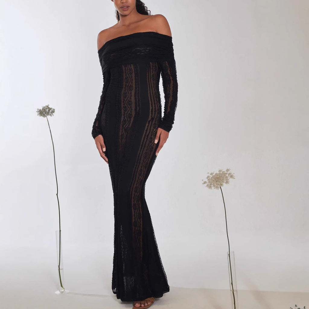 Women's new sexy one-word shoulder dress fashionable slim-fit lace hollow long-sleeved autumn and winter hip skirt