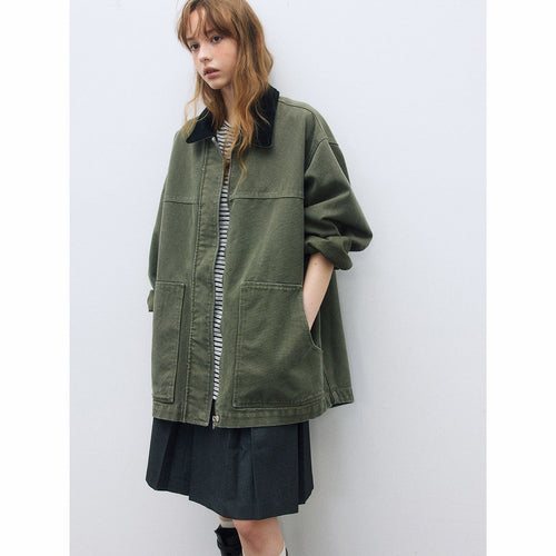 Autumn casual lapel Barn wind contrasting color silhouette large version cotton medium and long coat