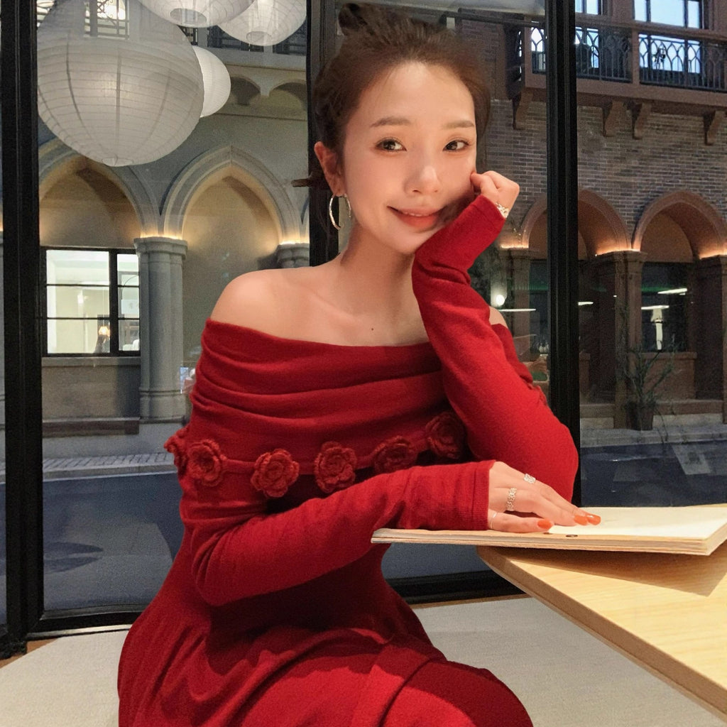 Chest knitted dress women's one-word shoulder temperament sweater skirt