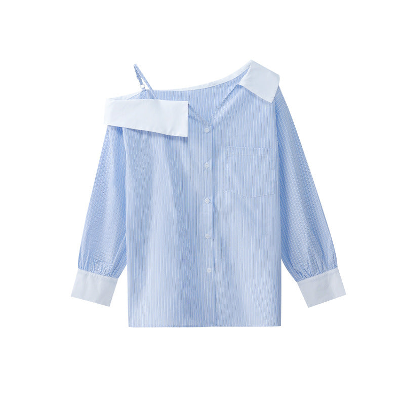 Age-reducing temperament design off-the-shoulder striped shirt