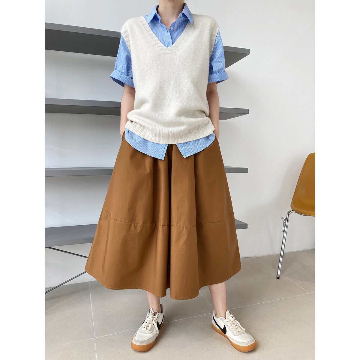 Autumn high waist thin fluffy a-shaped skirt skirt elastic waist medium and long swinging umbrella skirt