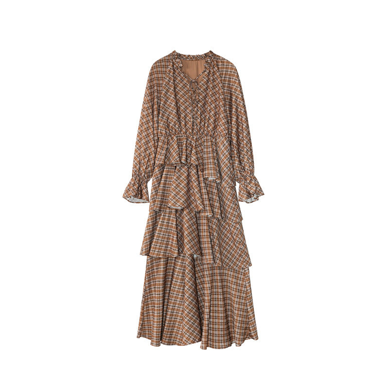 Plaid lace-up ruffle temperament dress