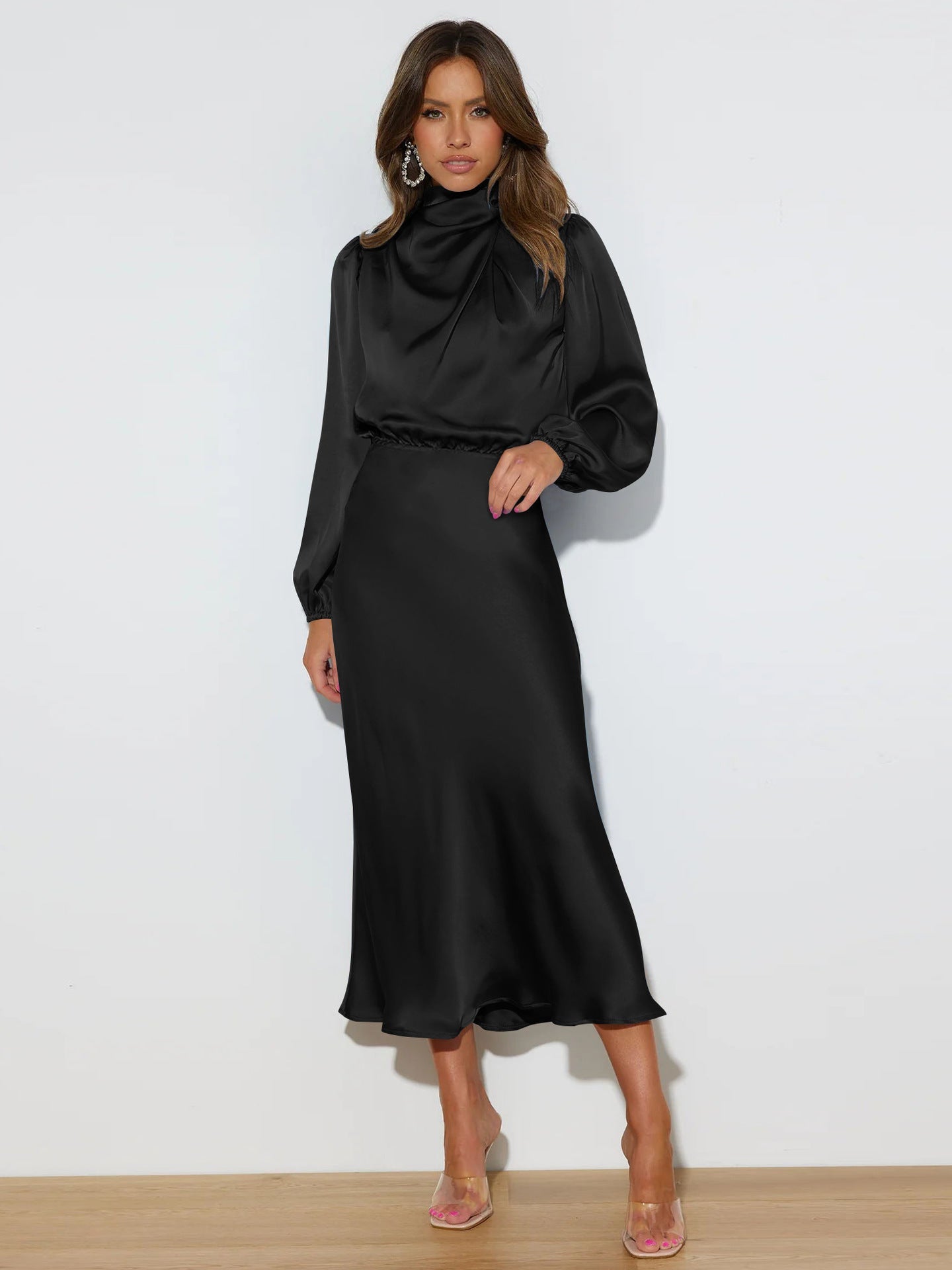 Autumn new high-end satin long-sleeved loose dress temperament elegant evening dress