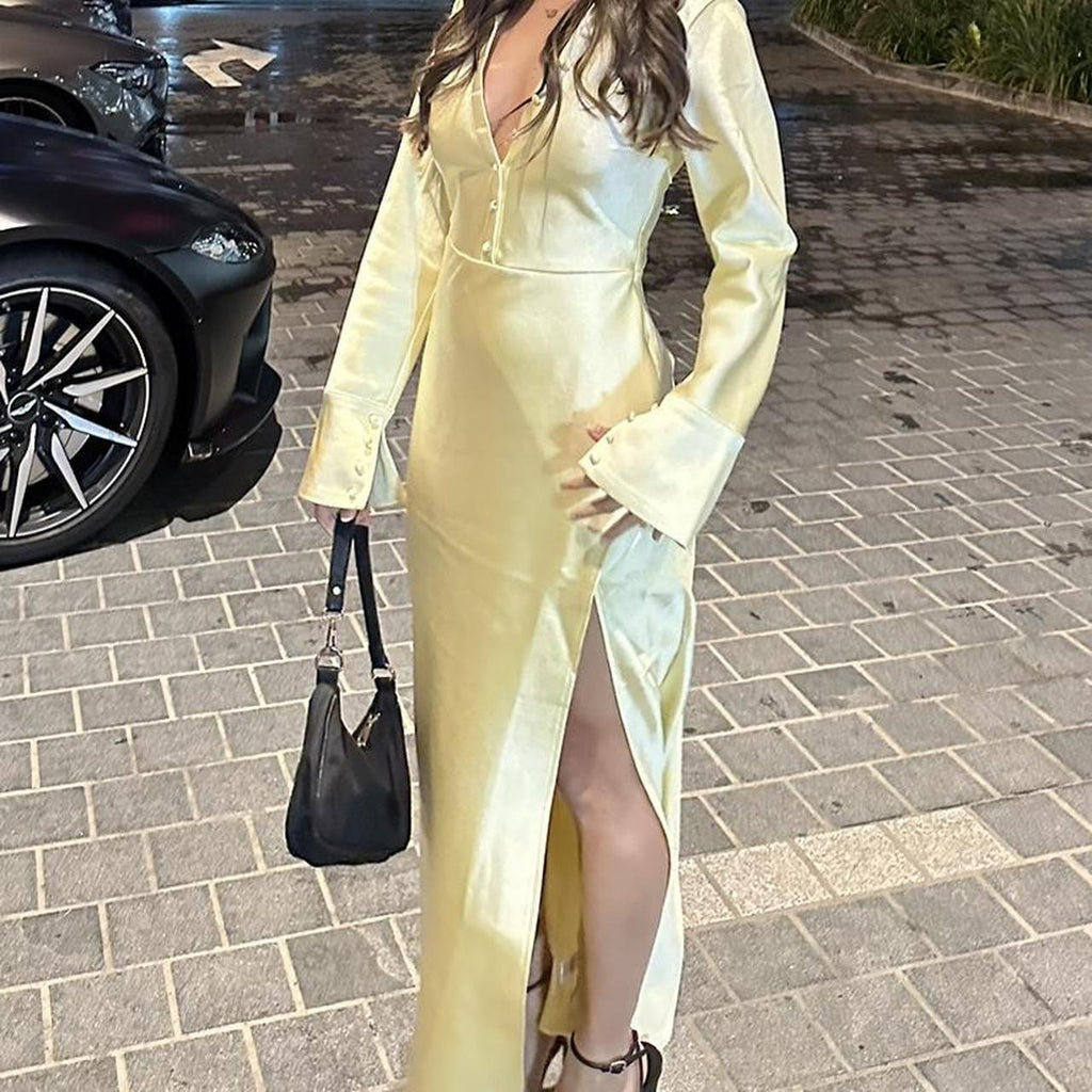 New Fashion Sexy Satin Dress Temperament Shirt Dress Spice Girl Split Dress Women