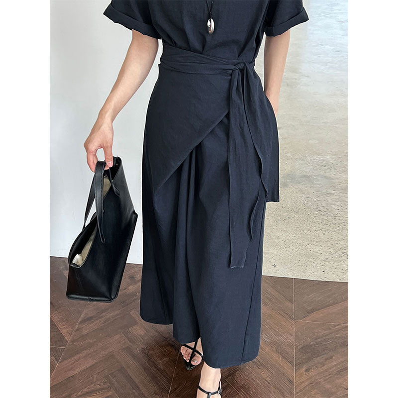 Niche design cross-strap short-sleeved dress spring and summer new waist and thin A-shaped long dress