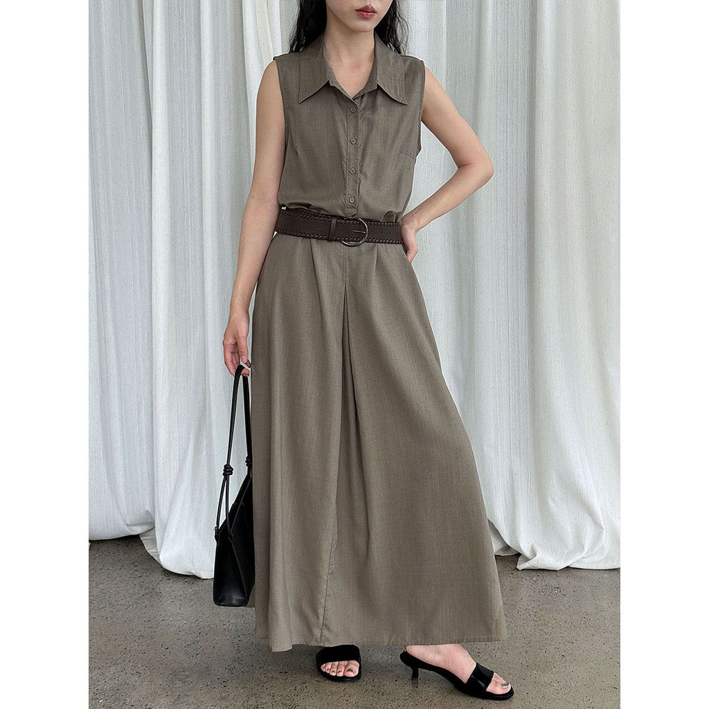 French temperament cotton and linen tooling shirt skirt with belt summer new waist sleeveless dress