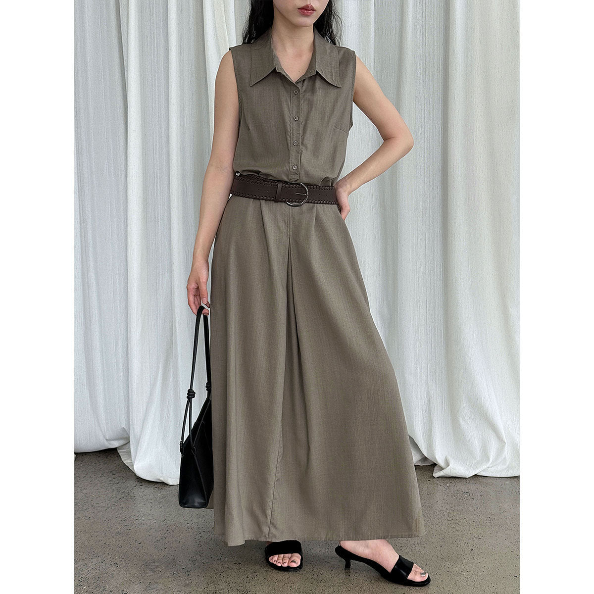 French temperament cotton and linen tooling shirt skirt with belt summer new waist sleeveless dress