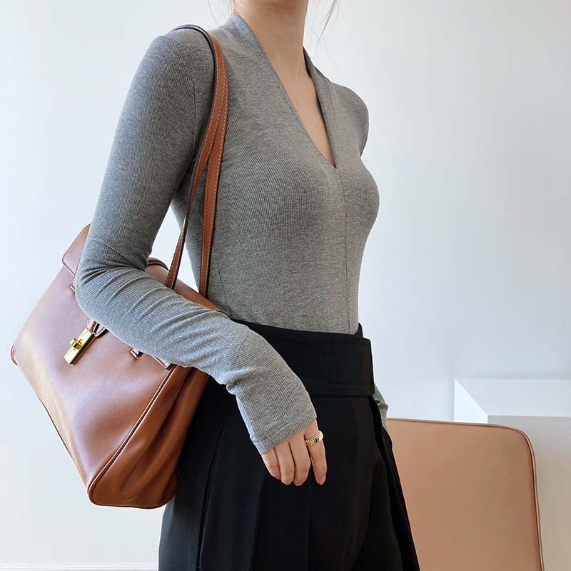 New Internet celebrity V-neck long-sleeved t-shirt female slim mind machine with bottoming shirt top