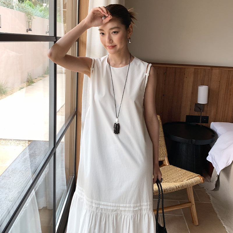 Spring and summer white sleeveless dress heavy industry embroidered fishtail skirt loose and thin holiday dress