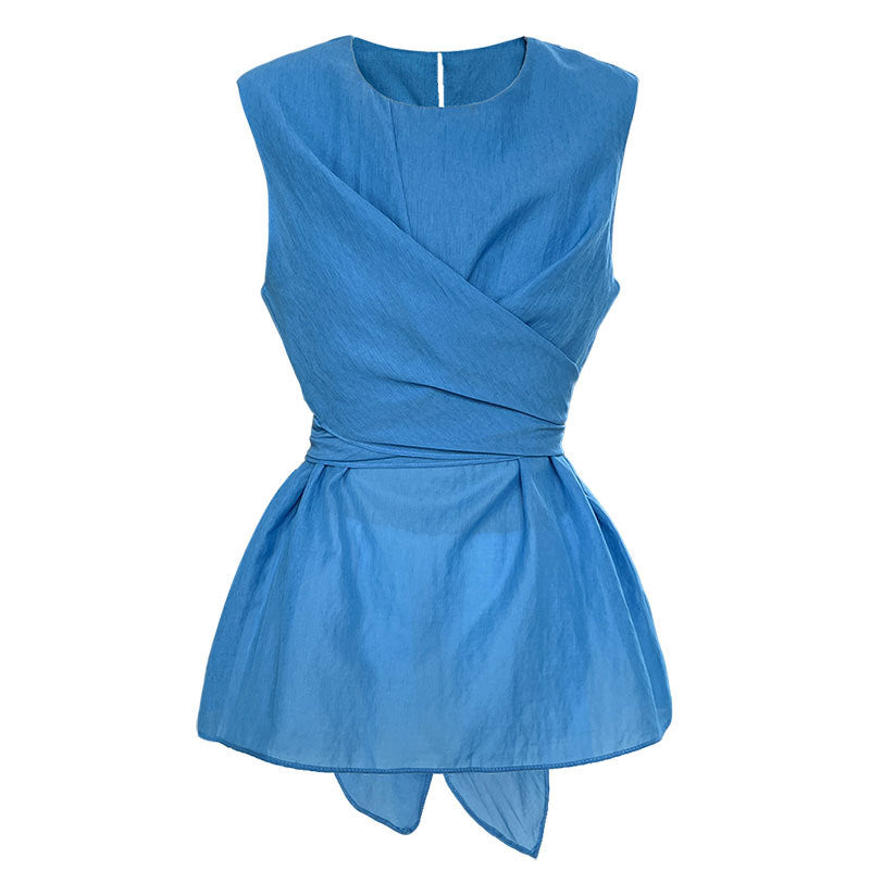 French high-end kinked strap waist short-sleeved top summer new versatile and thin shirt
