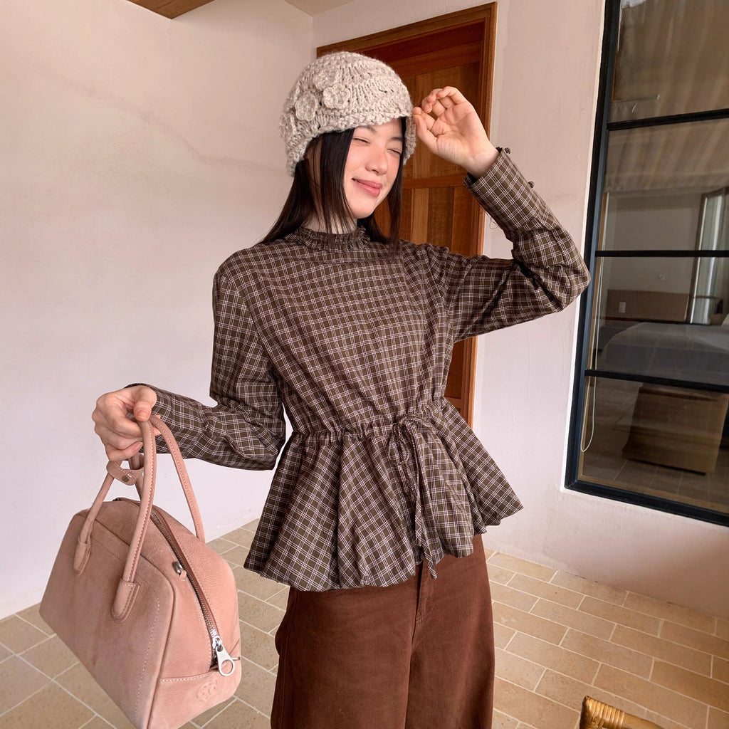 Autumn retro plaid waist design long-sleeved fungus edge stand-up collar shirt