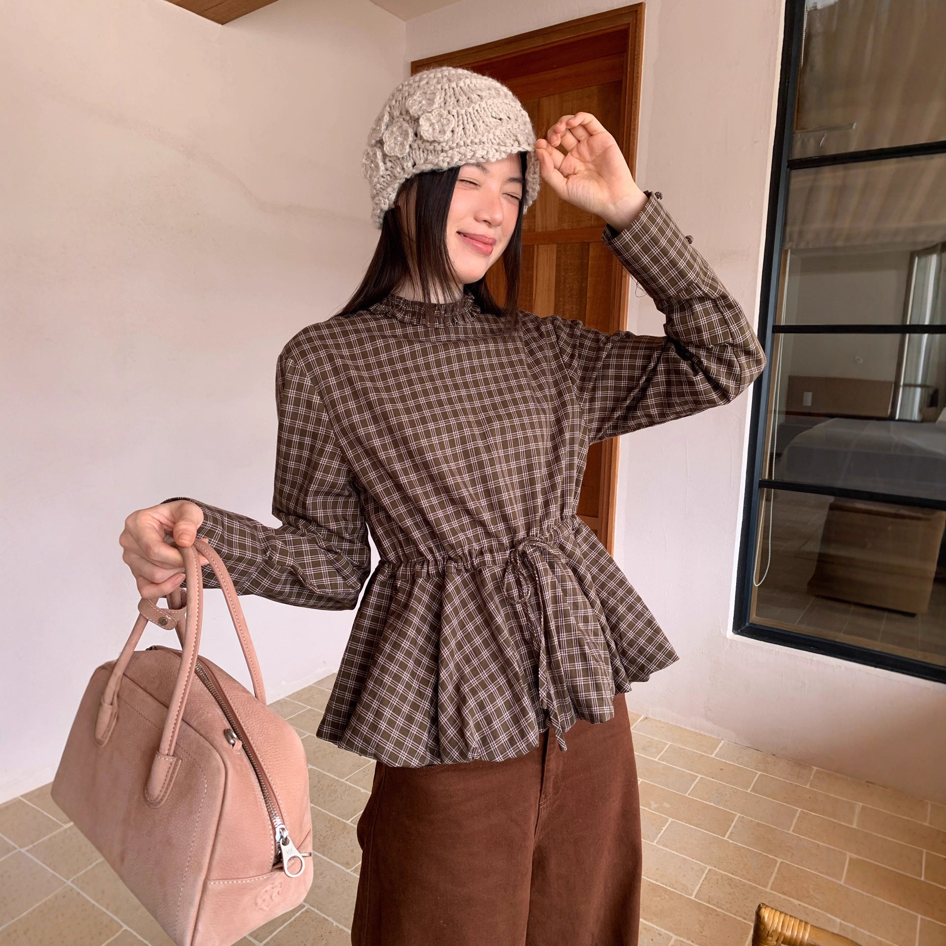 Autumn retro plaid waist design long-sleeved fungus edge stand-up collar shirt