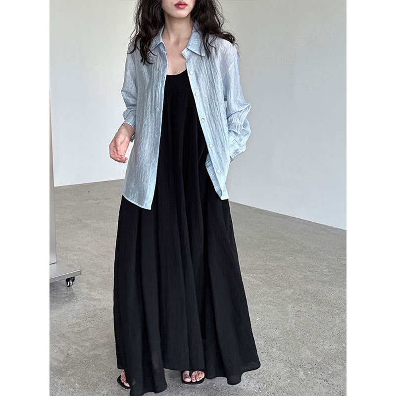 Korean simple texture glossy see-through shirt women's summer new sunscreen pearlescent cardigan jacket