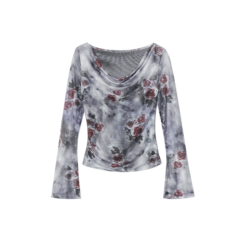 Design Swing Neck Slim Flower Long Sleeve Top