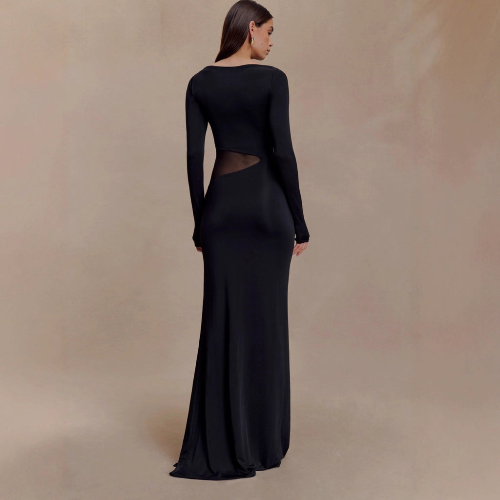 Fashion long-sleeved one-word collar split-ended long dress hollow perspective sexy dress