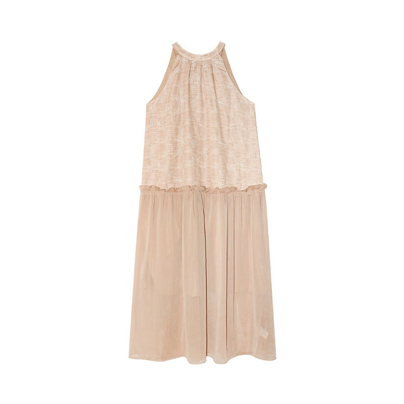 Women's Halter Neck Mesh Jacquard Sleeveless A-Line Maxi Dress