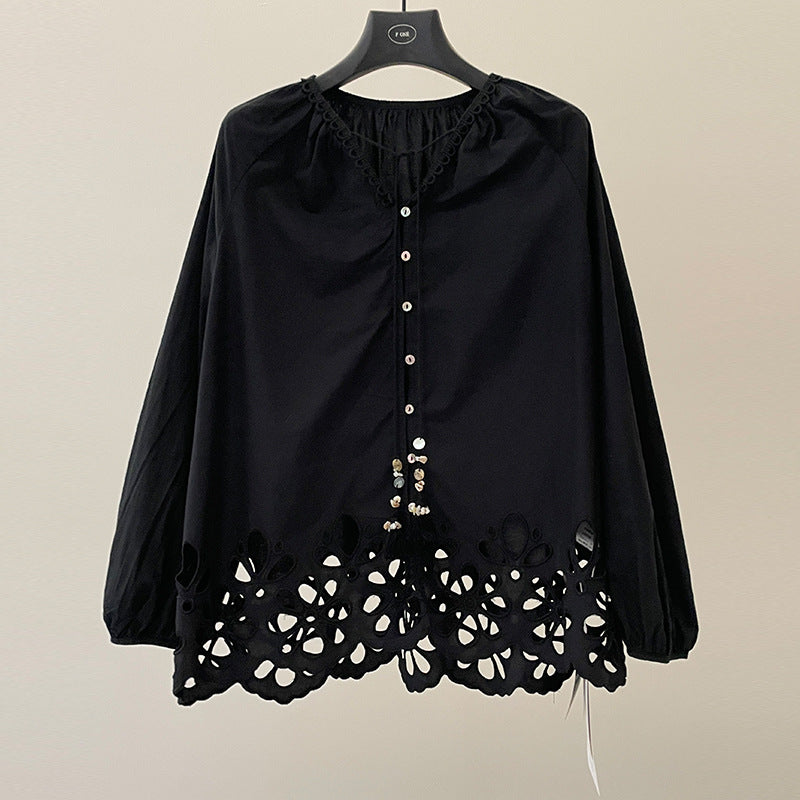 White embroidered shirt women's spring and summer loose and thin lace-up V-neck lantern sleeve top