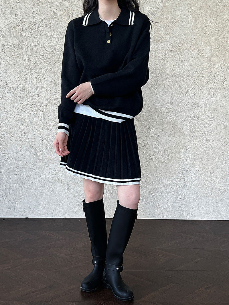 Academy style polo neck sweater + high waist pleated skirt set
