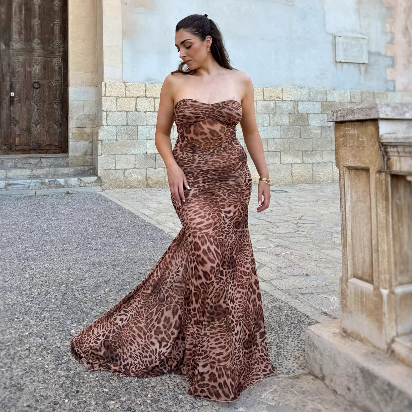 Sexy hottie leopard print tube top dress evening dress slim suspender dress