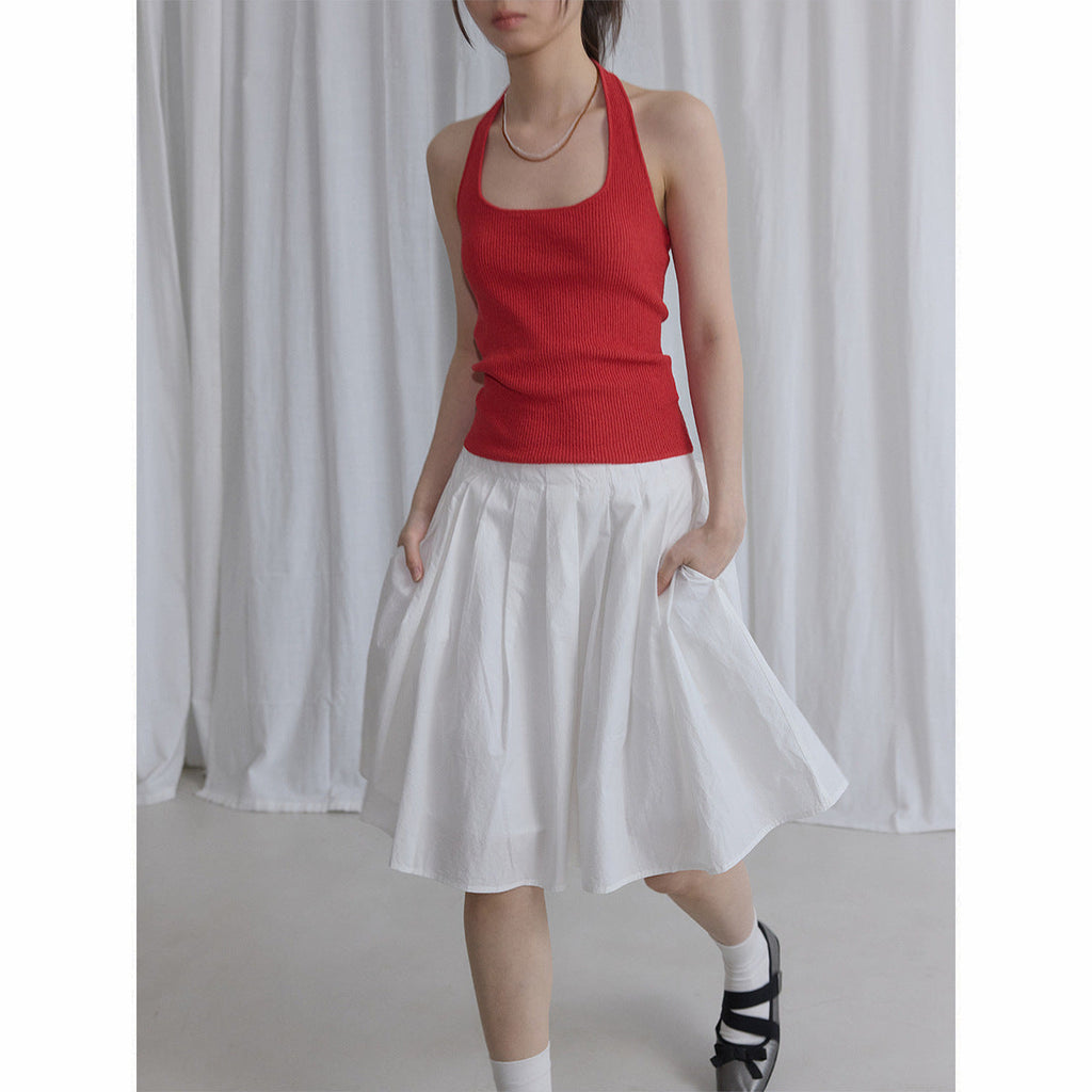 Summer new casual circle cotton yarn simple pit strip solid color neck wool woven small vest