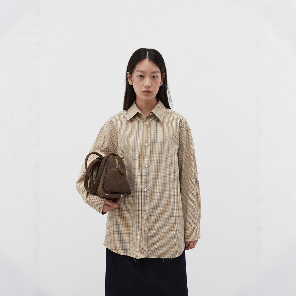 Retro plaid cotton diagonal buckle loose versatile shirt women